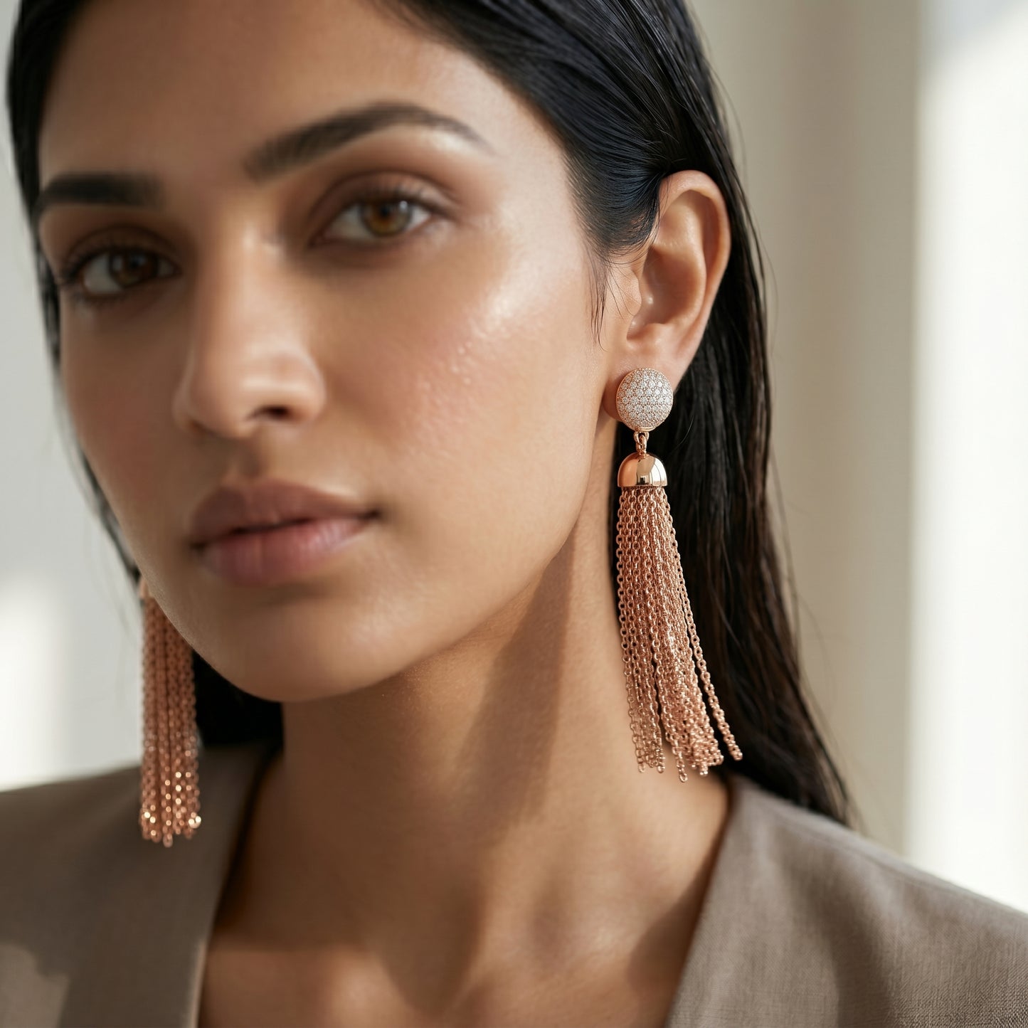Pave Disc & Chain Tassel Drop Earrings