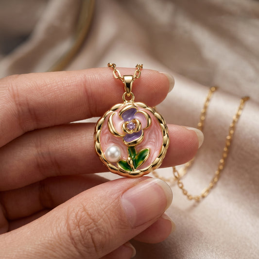 Vintage Pink Enamel Floral Pendant Necklace
