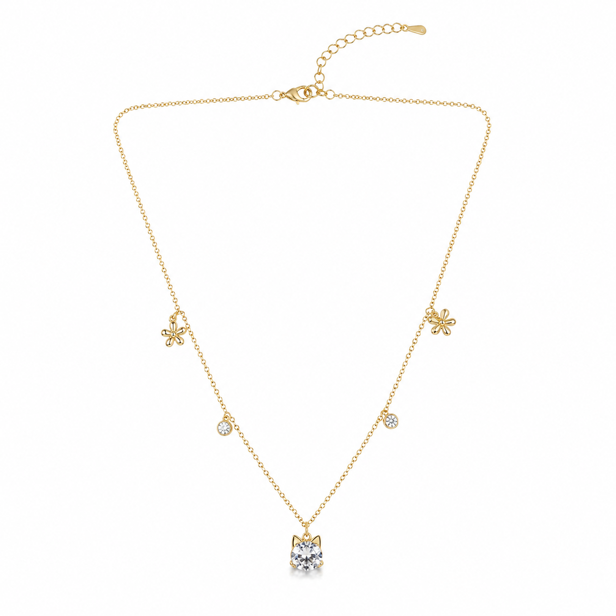 Whimsical Kitty Crystal Charm Chain & Stud Earrings Set