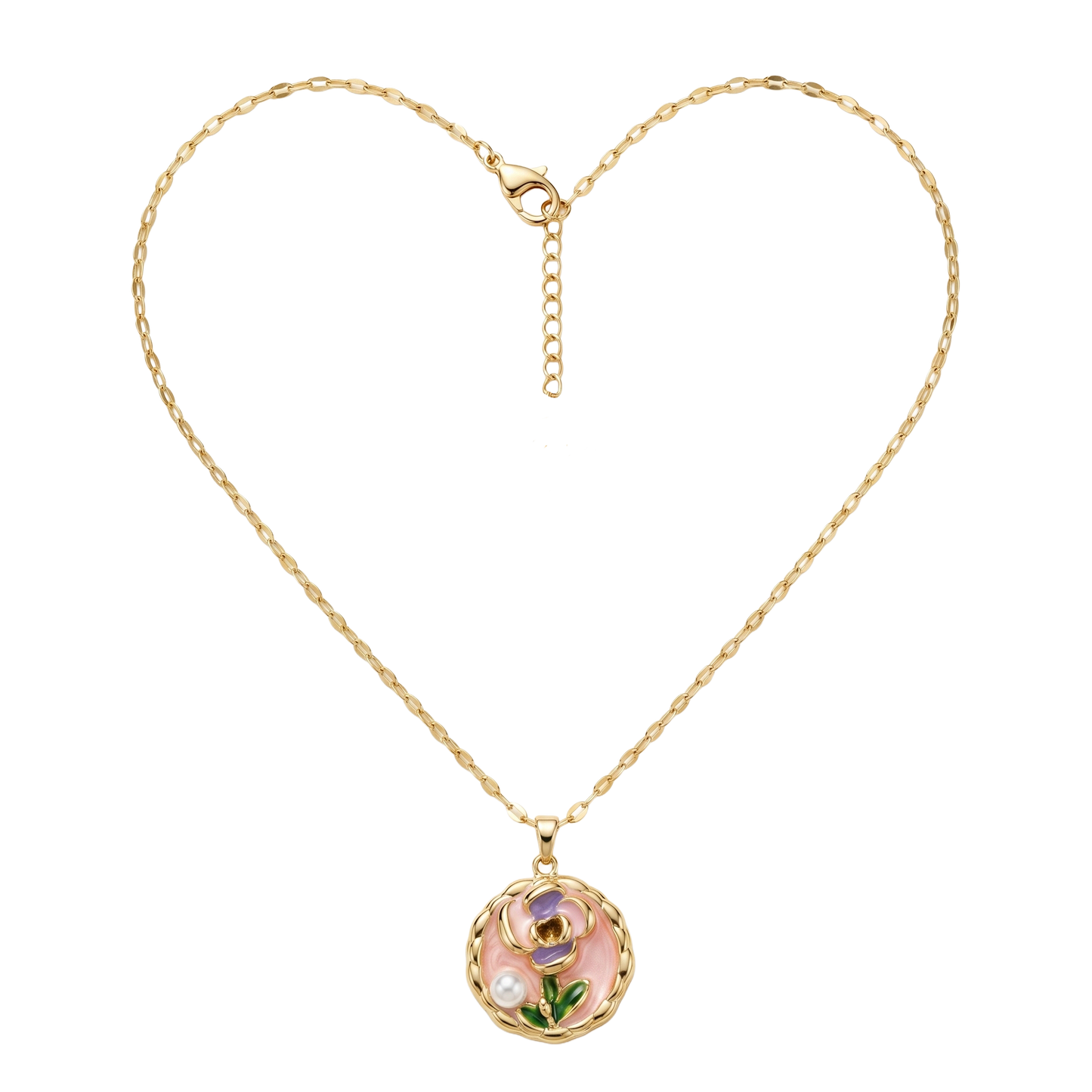 Vintage Pink Enamel Floral Pendant Necklace